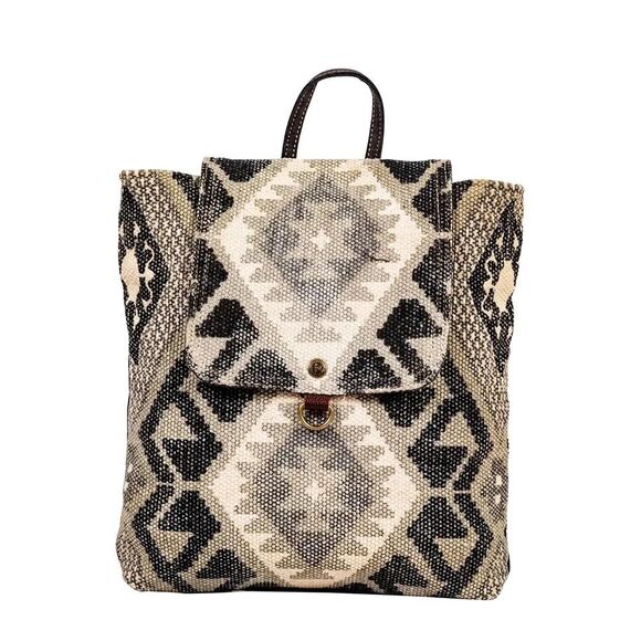 Myra Bag Handmade Arrowhead Backpack Upcycled Canvas & Cowhide Leather - Picture 1 of 13